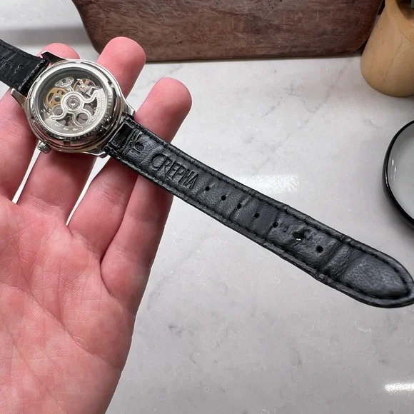 COGU Skeleton Watch Automatic Exhibition Back Mens Black Silver